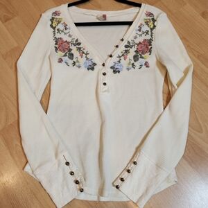 Anthropologie Pilcro Waffle Henley Floral Stitch Long Sleeve Cream Size Medium